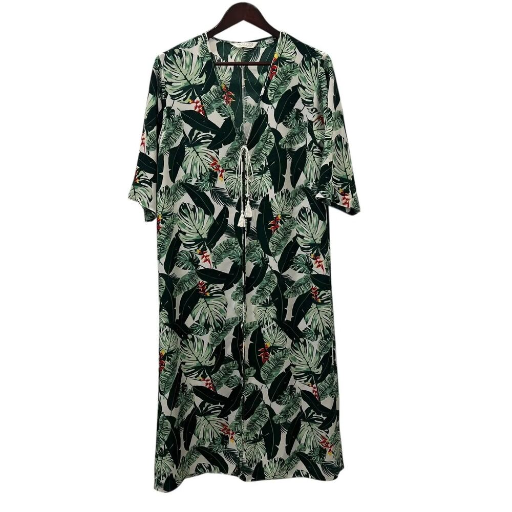 Rachel Zoe Kimono Jacket Womens One Size Green Tropical Leaf Tassel Belt